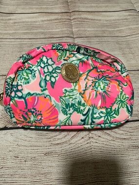 Lilly Pulitzer Pink Floral Zip Pouch with Gold Medallion